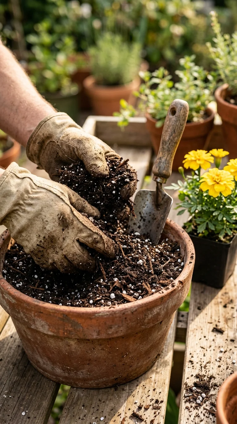 A detailed closeup illustration focusing on preparing and potting soil for “best flowers for containers full sun “
