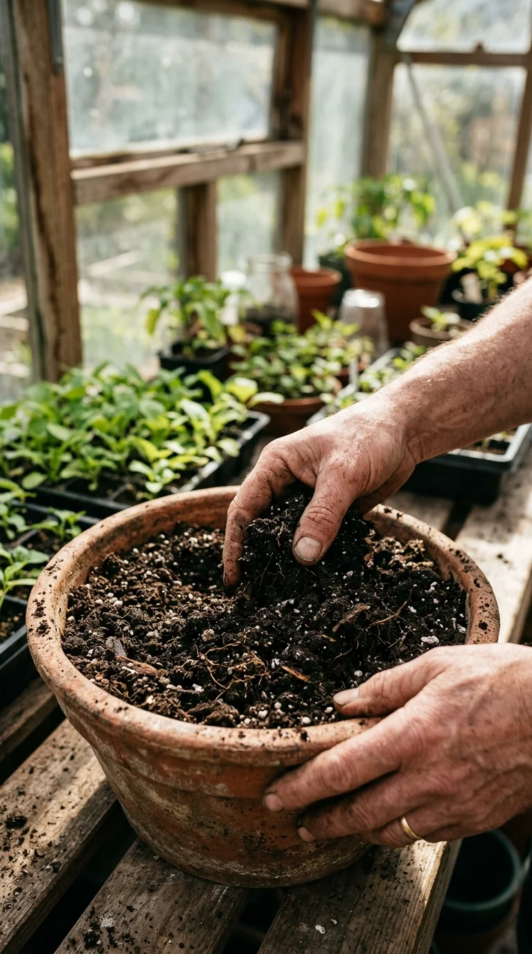 A detailed closeup illustration focusing on preparing and potting soil for “Natural pest control for plants”