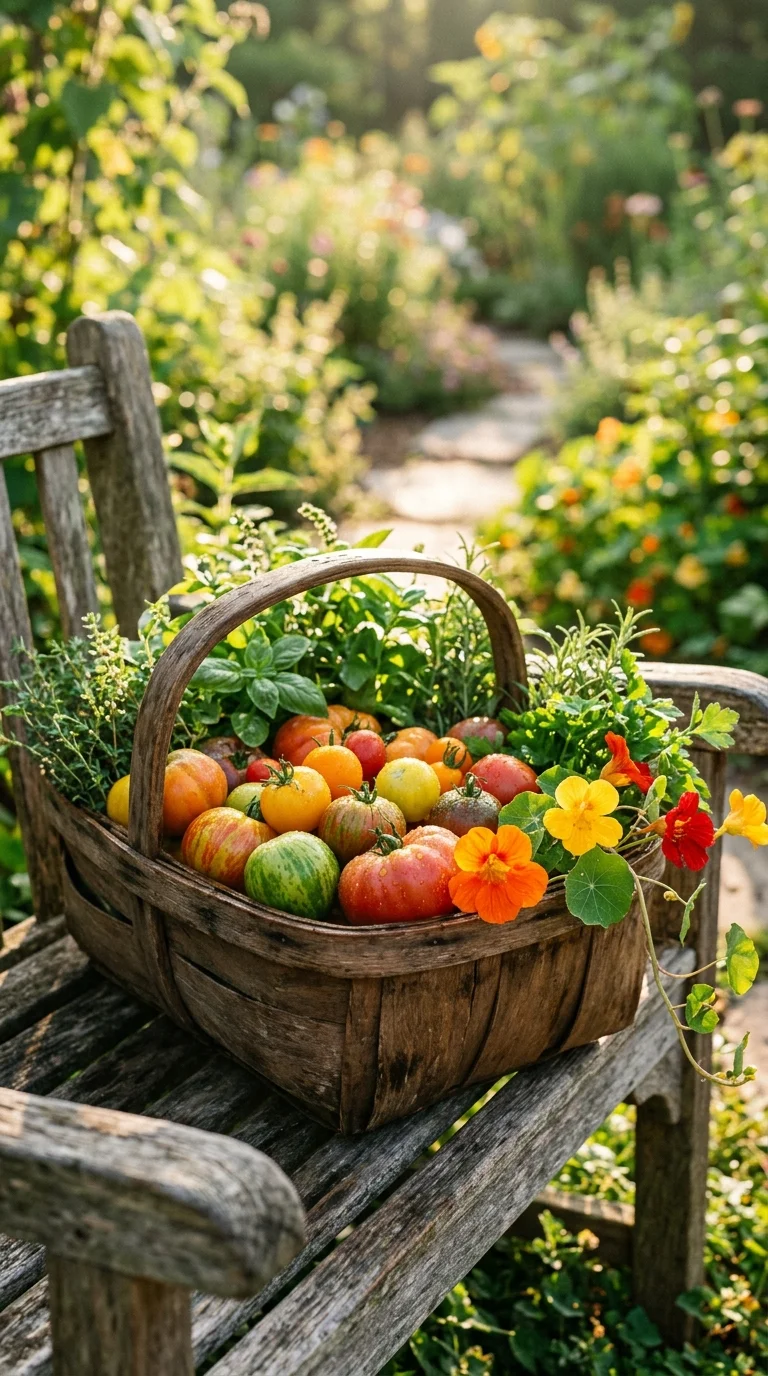 A warm, artistic vertical photograph showing the rewards of gardening: vibrant blossoms, seed collection, or a neighborly garden harvest of “Organic garden pest control”