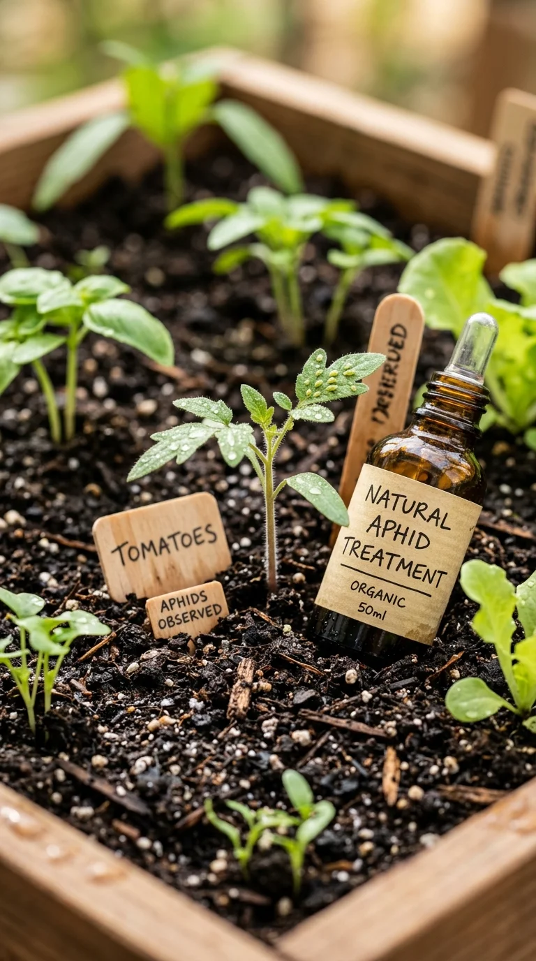 A detailed closeup illustration focusing on preparing and potting soil for “Aphid treatment”
