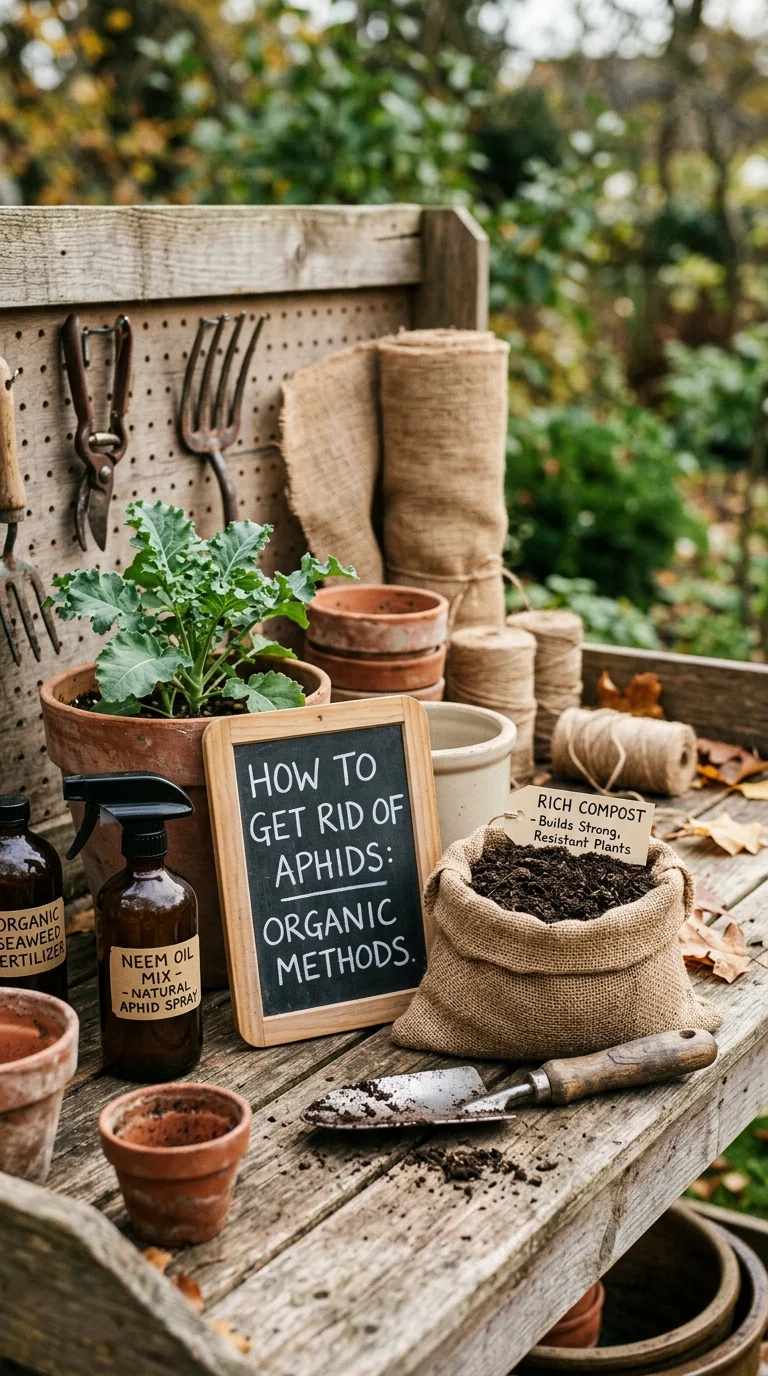 A highly detailed vertical photograph illustrating organic fertilizers, composting, or winter plant protection for “How to get rid of aphids”