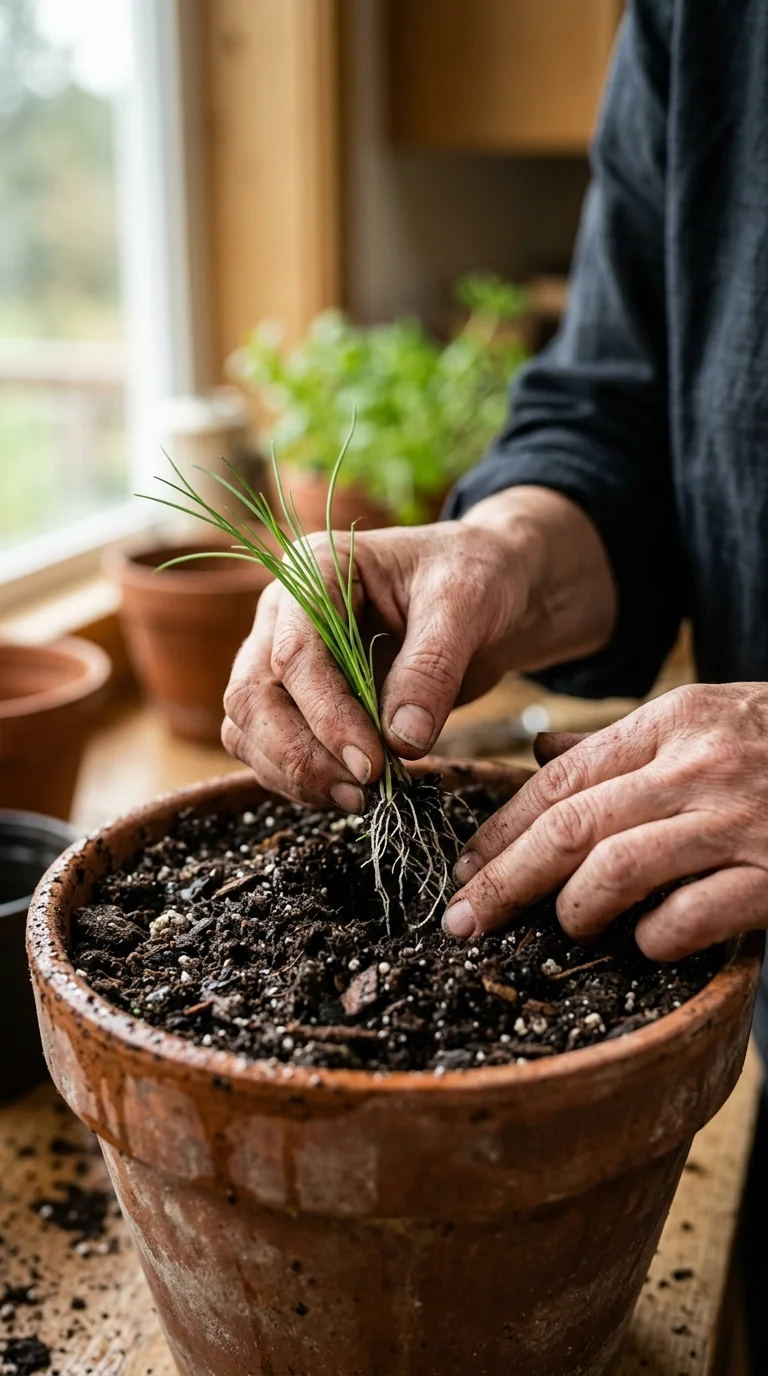 A detailed closeup illustration focusing on preparing and potting soil for “growing chives in pots”
