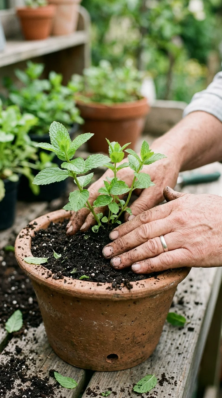 A detailed closeup illustration focusing on preparing and potting soil for “best way to grow mint”