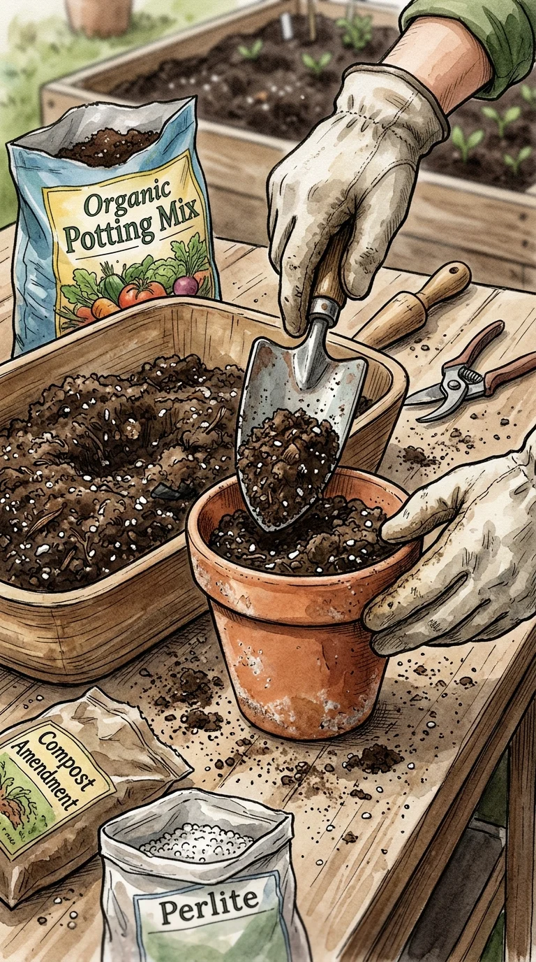 A detailed closeup illustration focusing on preparing and potting soil for “prepare a garden bed”